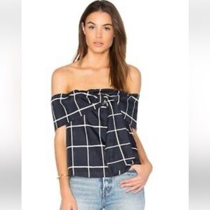 NWT J.O.A. Navy Windowpane Plaid Off Shoulder Top Sz M